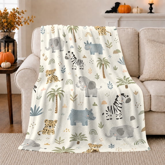 Neutral Safari Animals with Rainbows, Calm Whimsical Style for Animal Lovers, Gentle Jungle Pattern and Baby Shower Gift, Soft Flannel Blanket for Nursery and Playroom, Home Decor