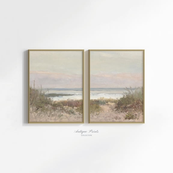 Neutral Seascape 2 Pieces Vintage Wall Art Pastel Coastal Split Prints Vintage Beach Painting Beach Cottage Decor Set 2