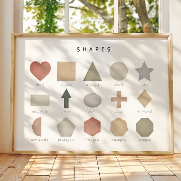Neutral Shapes Educational Nursery Wall Art UNFRAMED PAPER POSTER, Home Decor