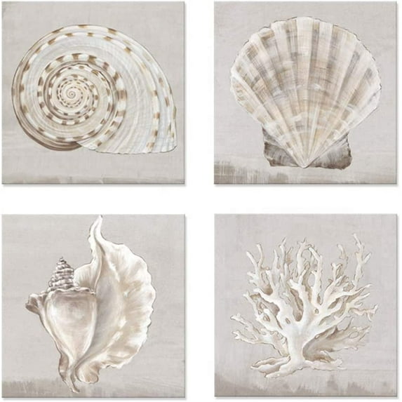 Neutral Shells Eva Watts by PI Creative Art Modern seashells Wall Pictures Vintage Giclee Print on Canvas Stretched for Living Room Bedroom 16 x 16 inch x 4 pcs