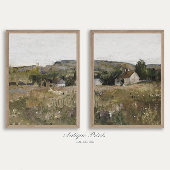 Neutral Split Landscape Muted French Country Farmhouse Wall Art Set 2 Stretched Canvas 8x12
