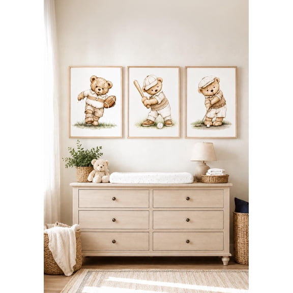 Neutral Sports Bear Nursery Wall Art Set, Baby Boy Sports Print Set