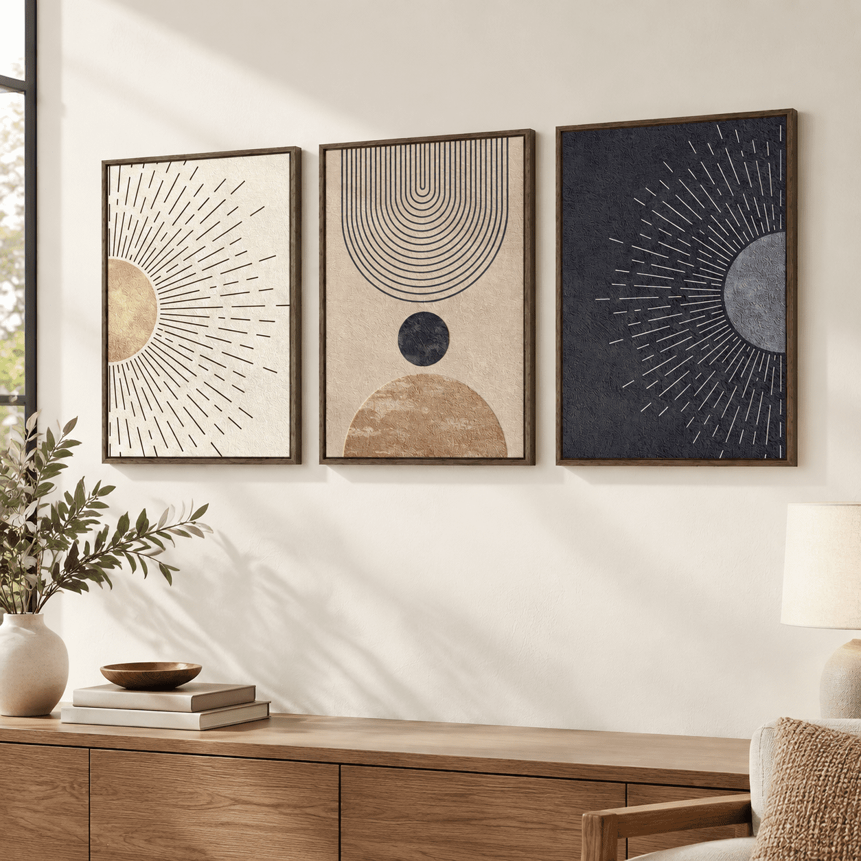 Framed Abstract Neutral Sun and Moon 24