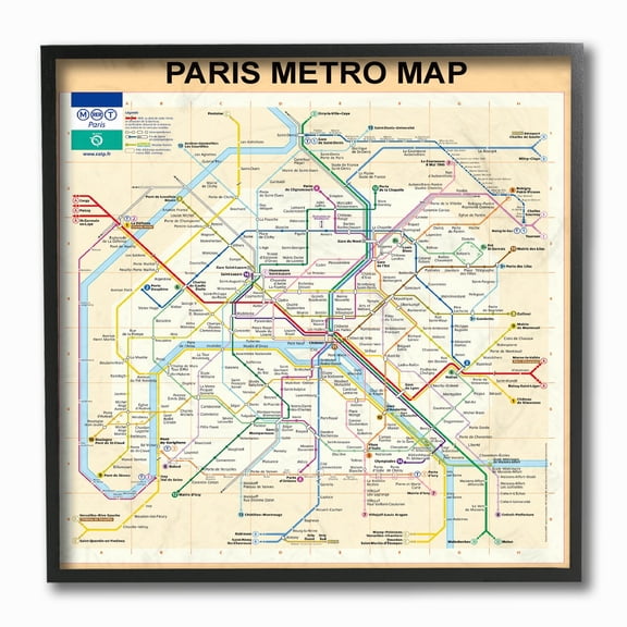Neutral Tan Travel Paris Metro Subway Map Framed Giclee Texturized Art, 12 x 1.5 x 12