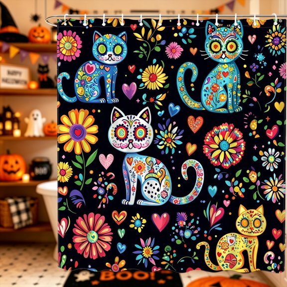 Neutral Tone Vintage Blossom Sugar Skull Print Shower Curtain,70.8x70.8 inch,Polyester,Rental Apartment Hotel B&B Bathroom Decor
