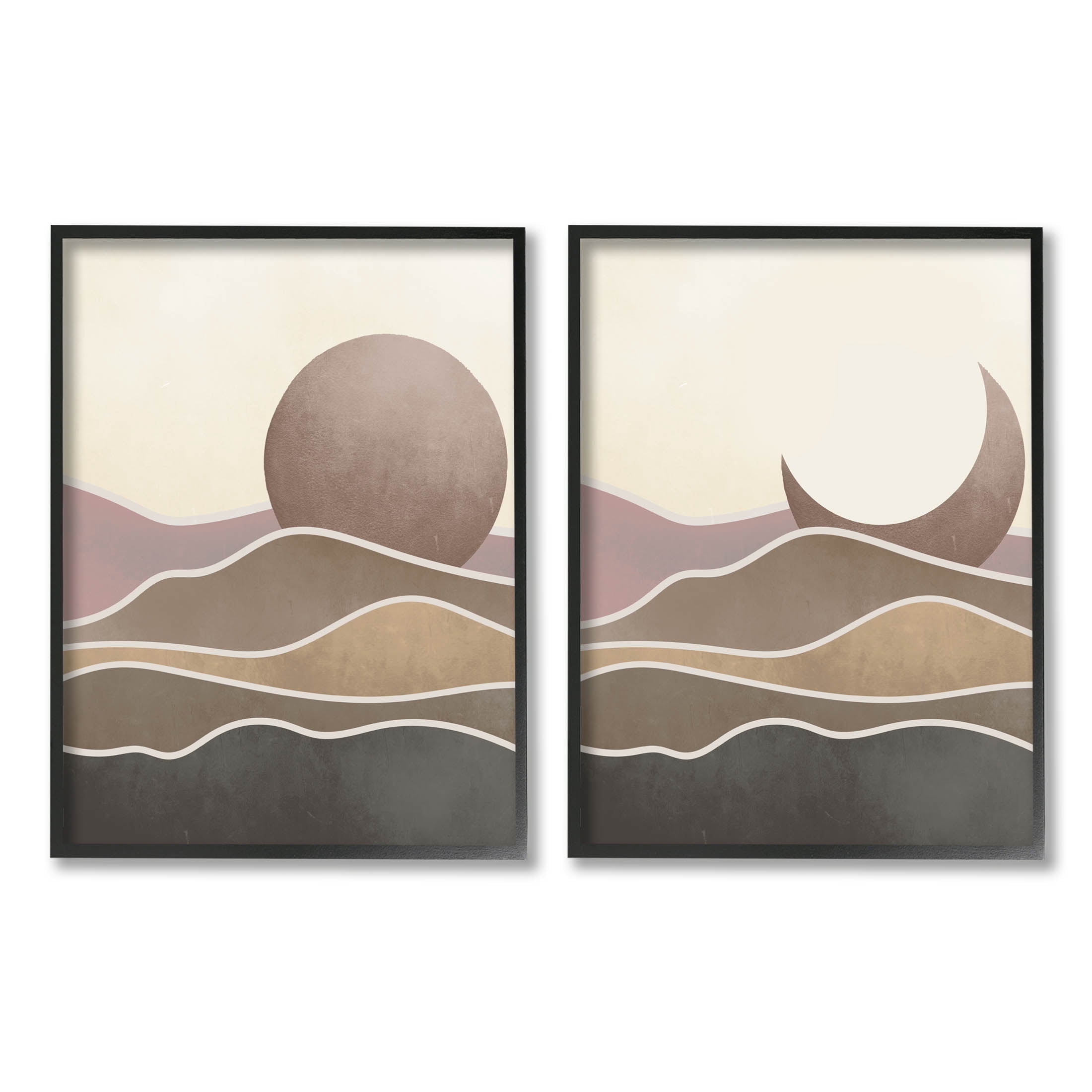 Neutral Toned Landscape Sun Moon Landscape Graphic Art Black Framed Art Print Wall Art, Set of 2
