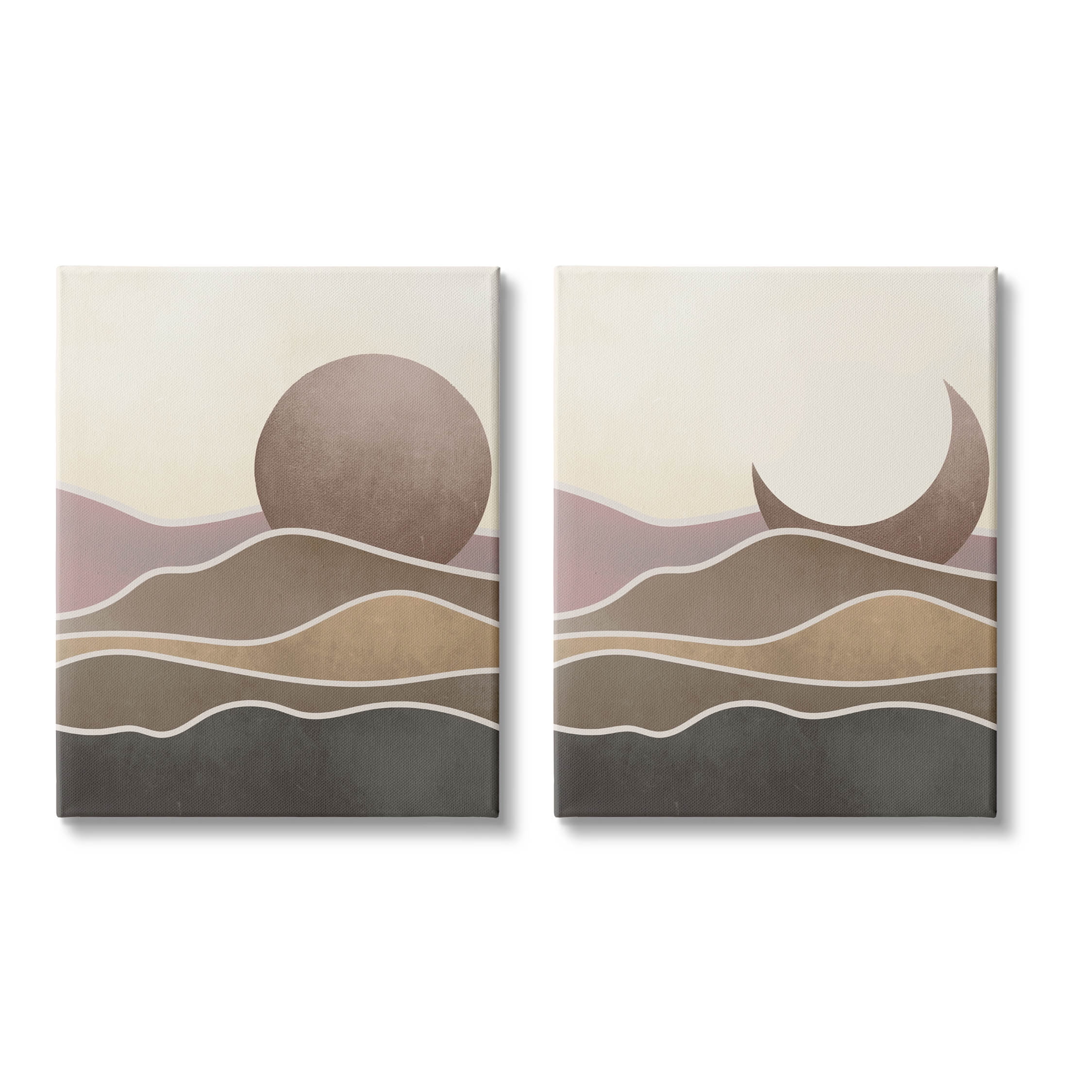 Neutral Toned Landscape Sun Moon Wrapped Canvas Art Set