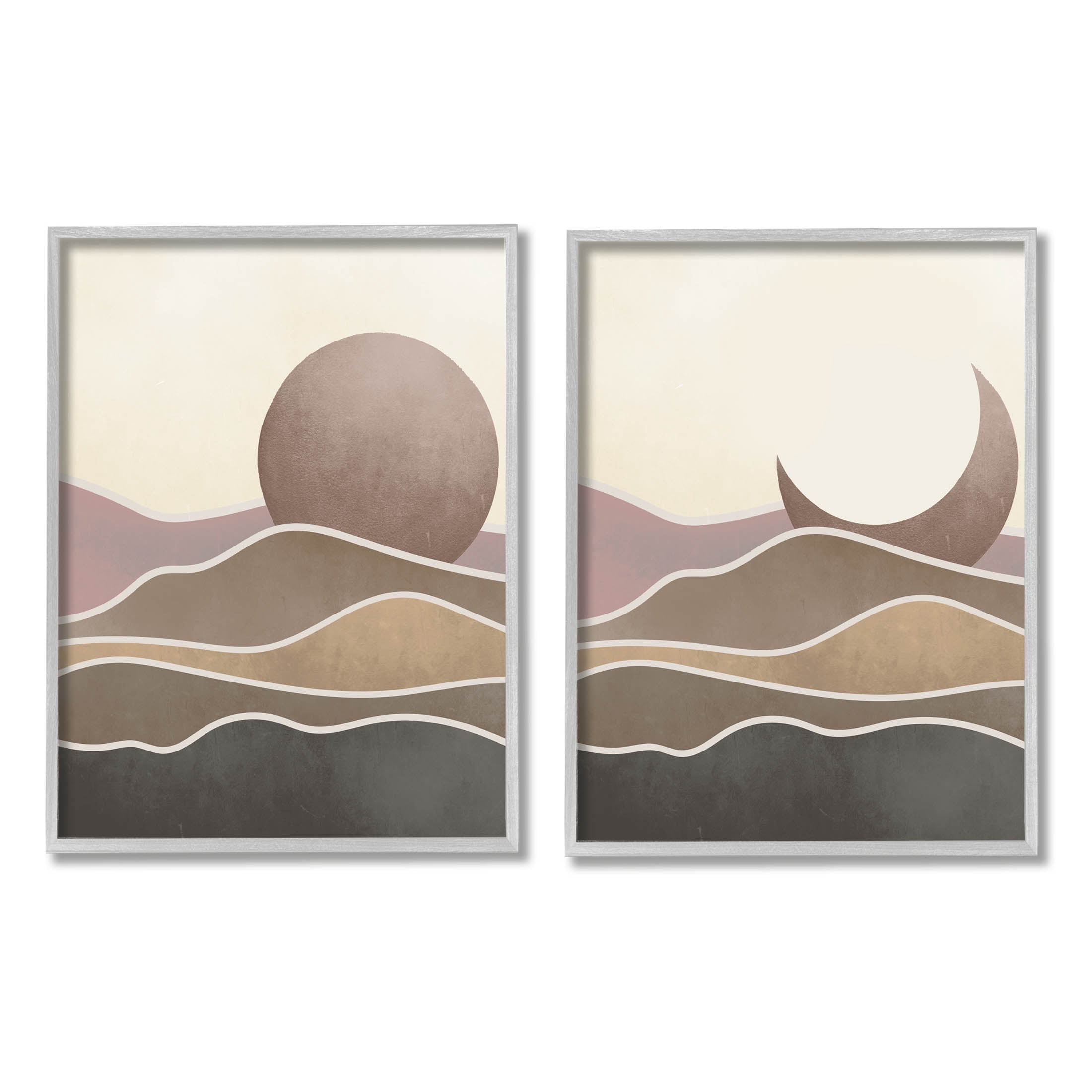 Neutral Toned Landscape Sun Moon Landscape Graphic Art Gray Framed Art Print Wall Art, Set of 2