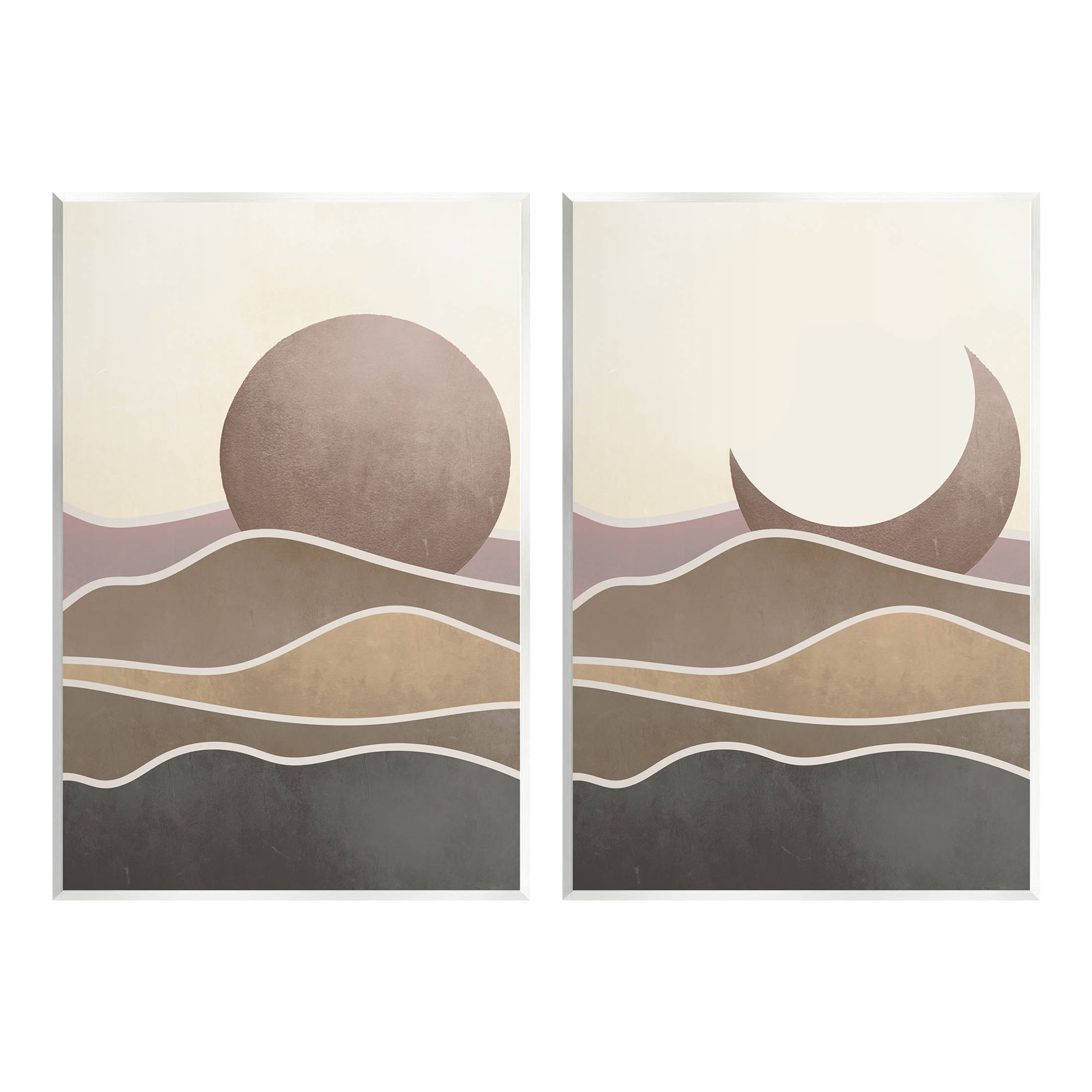 Neutral Toned Landscape Sun Moon Landscape Graphic Art Unframed Art Print Wall Art, Set of 2