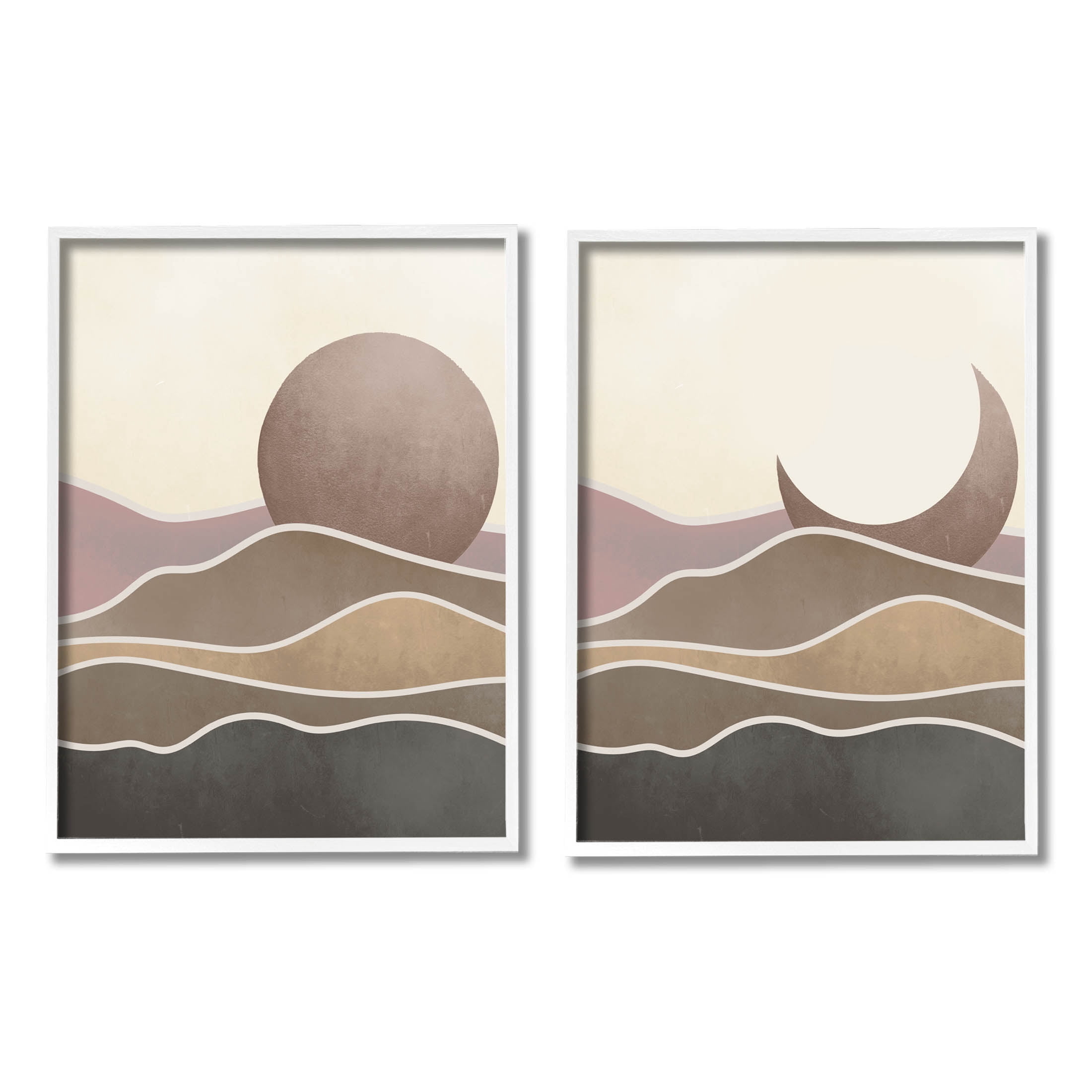 Neutral Toned Landscape Sun Moon Landscape Graphic Art White Framed Art Print Wall Art, Set of 2
