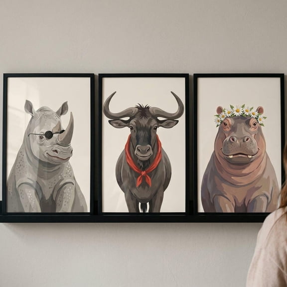 Neutral Tones Safari Animals Wall Art Set Of 3 whimsical nursery decor quirky animal illustration rhino hippo wildebeest prints boho art Set 3