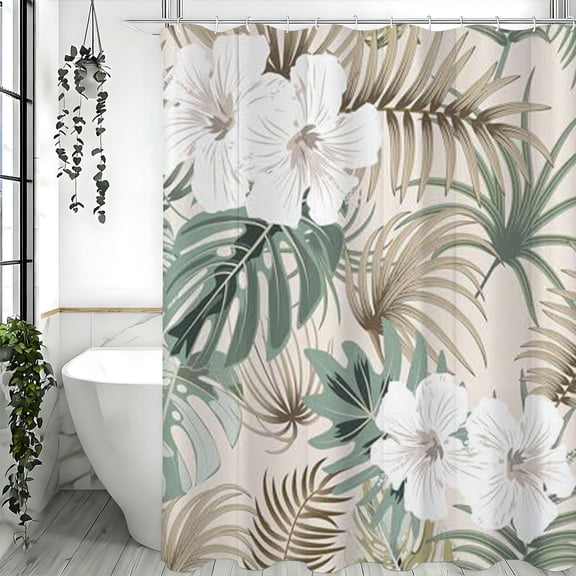 Neutral Tropical Palm Shower Curtain Green Hibiscus Botanical Print Bathroom Decor