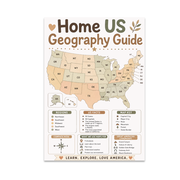 Neutral US Map Wall Decor - Home Geography Guide - 13x19 Poster Print