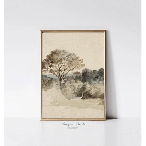 Neutral Vertical Vintage, Trees Landscape Antique Wall Art, Cottage Wall Decor, Nature Landscape Wall Art, 888, Stretched Canvas Size 16x24
