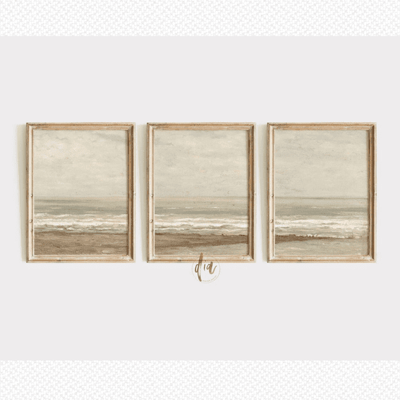 Neutral Vintage Abstract Landscape Coastal Triptych Poster Set 3 Prints Set 3 , Poster Only