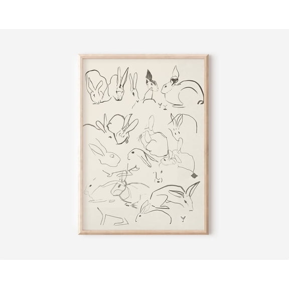 Neutral Vintage Bunny Sketch Abstract Spring Wall Art Print