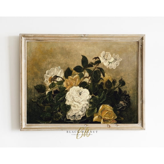Neutral Vintage Floral Poster, Floral Still Life Antique, Yellow White Floral Horizontal Poster Wall Art French Country Farmhouse Decor, Size 16x24 UNFFRAMED F03.1.7l3239