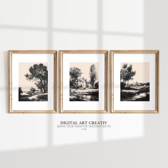 Neutral Vintage Landscape Sketch Rustic Wall Art Posters Minimalist Drawing Collection Tree Sketch, Stretched Canvas
