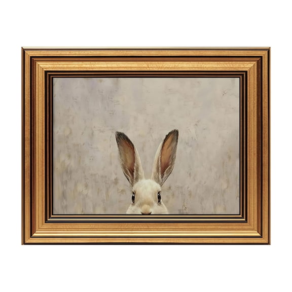 Neutral Vintage Rabbit Canvas Wall Art with Gold Frame - Rustic Easter Bunny Painting, Farmhouse Country Framed Artwork, Cute Whimsical Wall Decor for Bedroom, Nursery, Living Room, Bathroom