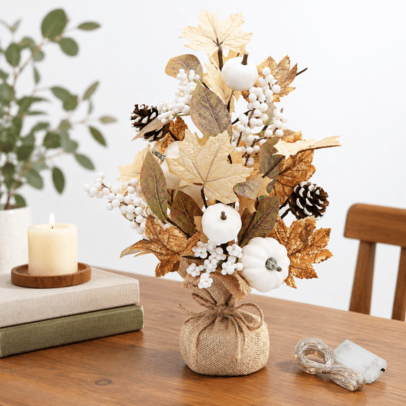 Neutral White Lighted Fall Table Tree Decor with Pumpkins Berries and Pinecones