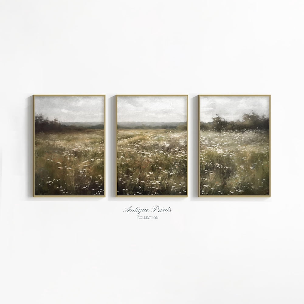 Neutral Wildflower Field Farmhouse Country Landscape Wall Art Set 3 ...