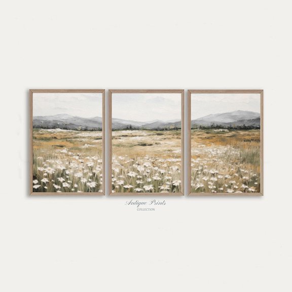 Neutral Wildflower Field Prints Muted Country 3 Pieces Vintage Wall Art Landscape Painting Spring Farmhouse Decor Set 3