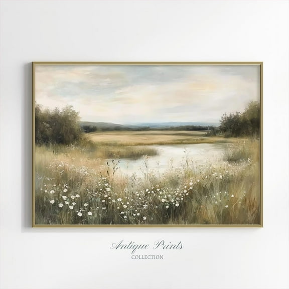 Neutral Wildflower Field Prints, Muted Country Landscape 3 Pieces Wall Art, Pond, Spring Farmhouse Decor, Poster, Unframed Poster Size 8x12