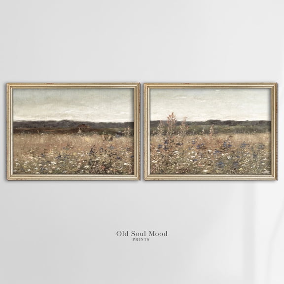 Neutral Wildflower Landscape Horizontal Split Panel Wall Art Print Set 2 Stretched Canvas 12x18
