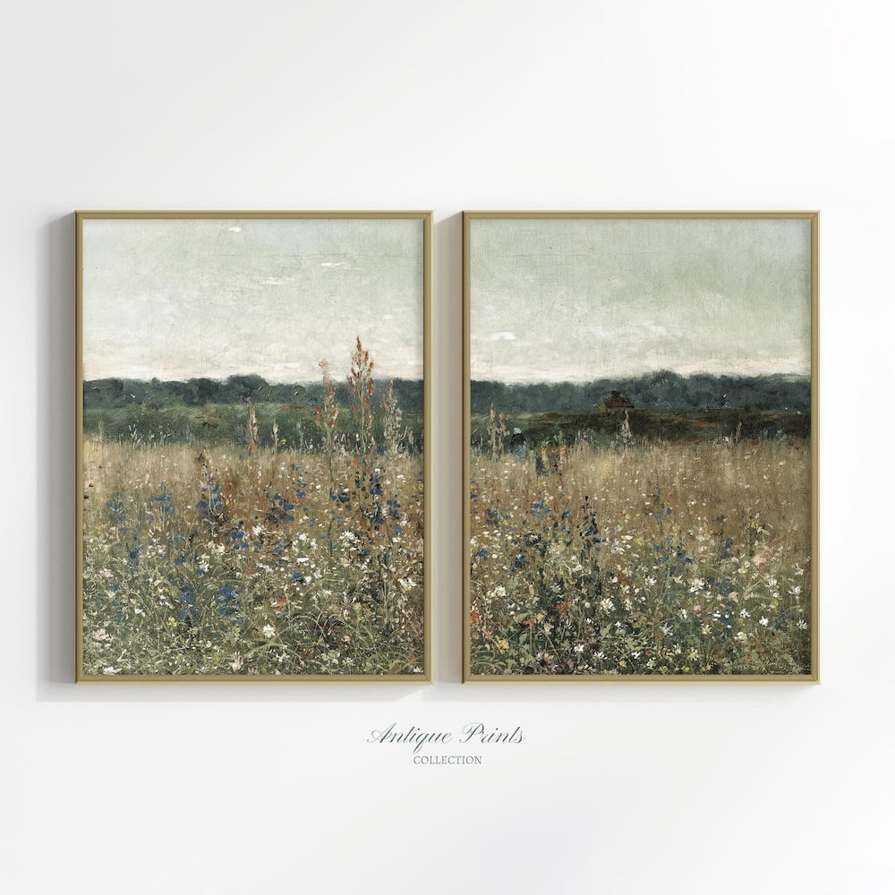 Neutral Wildflower Landscape Vintage Country Farmhouse Wall Art Set 2 ...