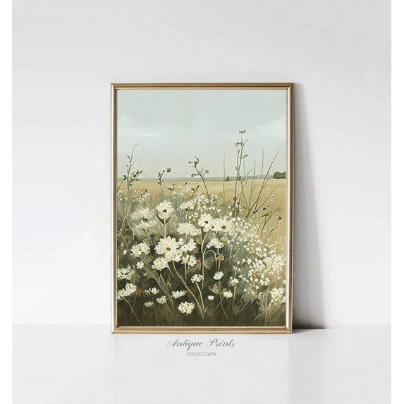 Neutral Wildflower Wall Art, Country Landscape Vintage Wall Art, Soft Tones Countryside, Rustic Farmhouse Wall Decor, Poster, Stretched Canvas Size 16x24
