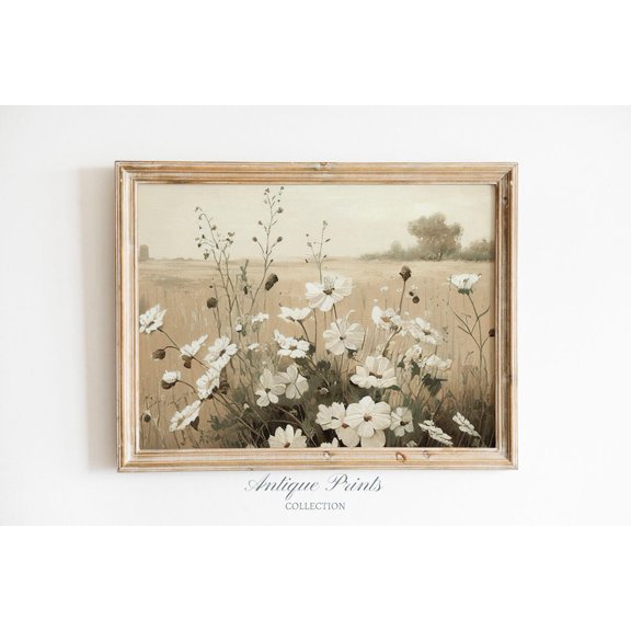 Neutral Wildflowers Poster, Antique Country, Vintage Meadow Wall Art, Summer Countryside Art, Rustic Farmhouse Decor, 717, Unframed Poster Size 8x12