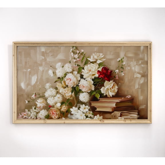 Neutral Wildflowers Spring, Colorful Easter, Vintage Light Academia Floral Decor, Books Literary Art, #1696, Unframed Poster Size 12x18