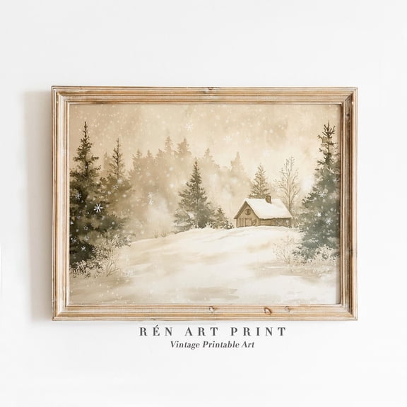 Neutral Winter Country Holiday Cabin Beige Christmas Snowy Forest Wall Art Print, Creative Seasonal Theme For Bedroom And Home Decor