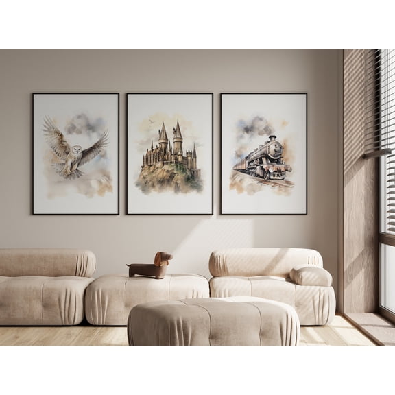 Neutral Wizard Nursery Print, Magical Owl, Castle, Train Poster, Wizard Room Decor, Fantasy Magic Wall Art for Baby & Kids Room , Poster Print Only