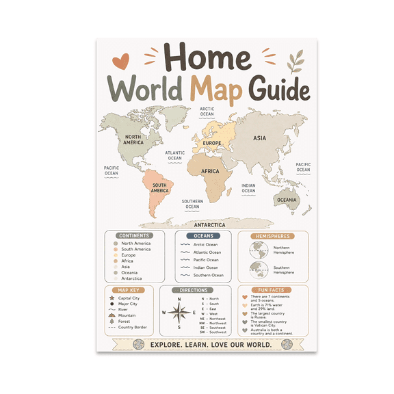 Neutral World Map Wall Art - Home Learning Environment - 13x19 Poster Print