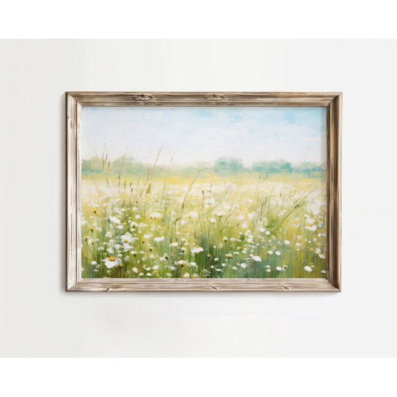 Neutral Yellow Flower Field Wall Art Print, Antique Spring Wildflower Meadow And Farmhouse Decor