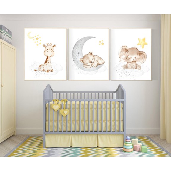 Neutral Yellow Gray Animal Nursery Wall Art Prints, Nursery And Gallery Wall Decor