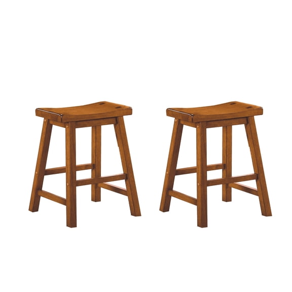 Neutral - toned Dining Enhancement - 2 Solid Wood Saddle Seat Stools with Oak Finish