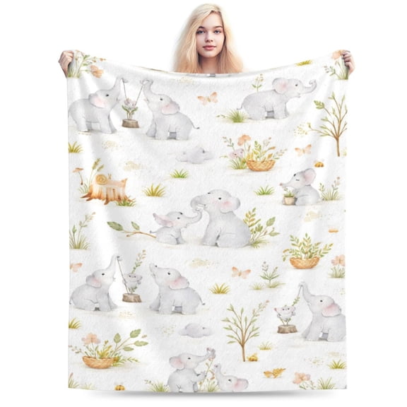 Neutral-toned ultra-soft blanket featuring an elephant motif, printed bedspread 50x40