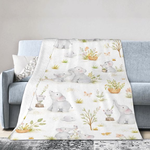 Neutral-toned ultra-soft blanket featuring an elephant motif, printed bedspread 60x50