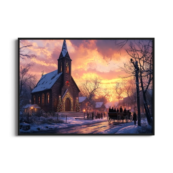 Neutrino X Christmas Church Snowy Winter Village Sunset Framed Canvas Wall Art, 13 x 17 in