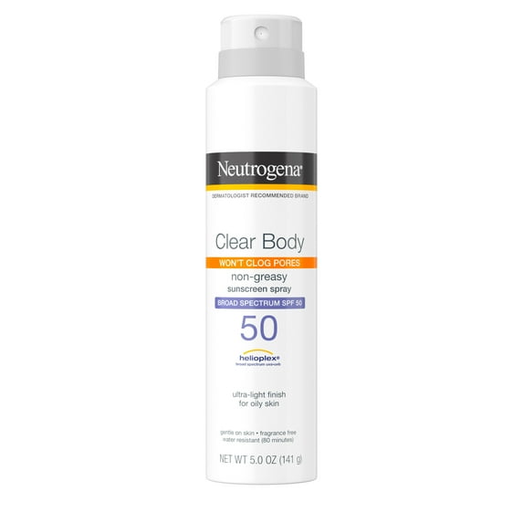 Neutrogena Clear Body SPF 50 Body Sunscreen Spray, Broad Spectrum, Non-Comedogenic, 5 oz