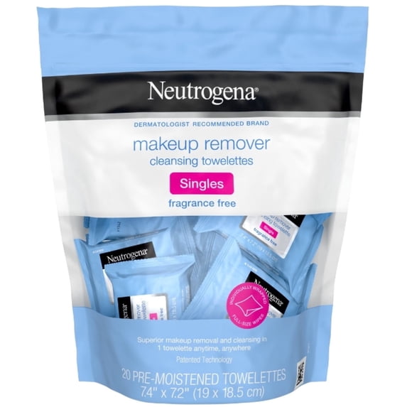 Neutrogena Fragrance-Free Makeup Remover Cleansing Towelette Singles, Individually-Wrapped Daily Face Wipes 20 ct (Pack of 3)