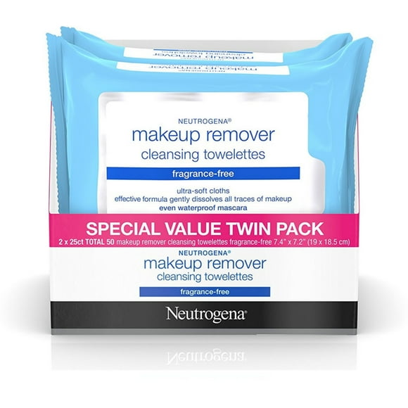Neutrogena Makeup Remover Cleansing Towelettes & Wipes, Twin Pack, Fragrance Free 50 ea (Pack of 3)