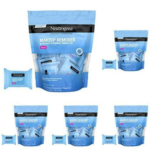 Neutrogena Makeup Remover Facial Cleansing Towelette Singles, Daily Face Wipes Remove Dirt, Oil, Makeup & Waterproof Mascara, Gentle, Individually Wrapped, 100% Plant-Based Fibers, 20 ct - Pack of 5