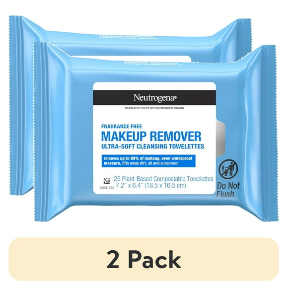 (2 pack) Neutrogena Makeup Remover Wipes & Face Cleansing Towelettes, Fragrance-Free, 25 Count