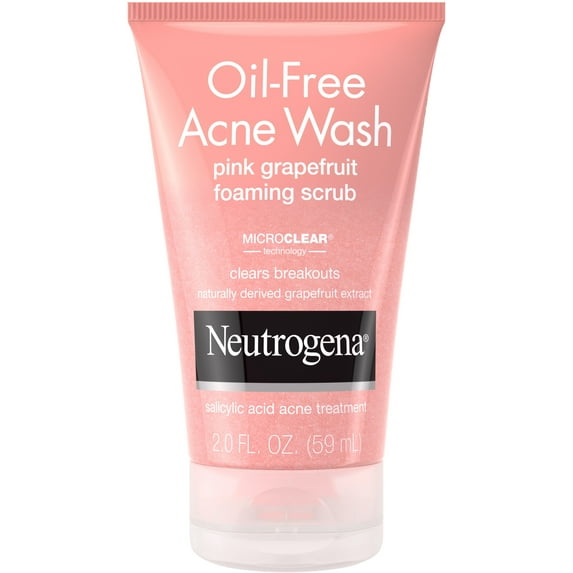 Neutrogena Oil Free Pink Grapefruit Acne Face Wash with Vitamin C, Salicylic Acid Acne Treatment Foaming Vitamin C Facial Scrub 2 oz (Pack of 2)