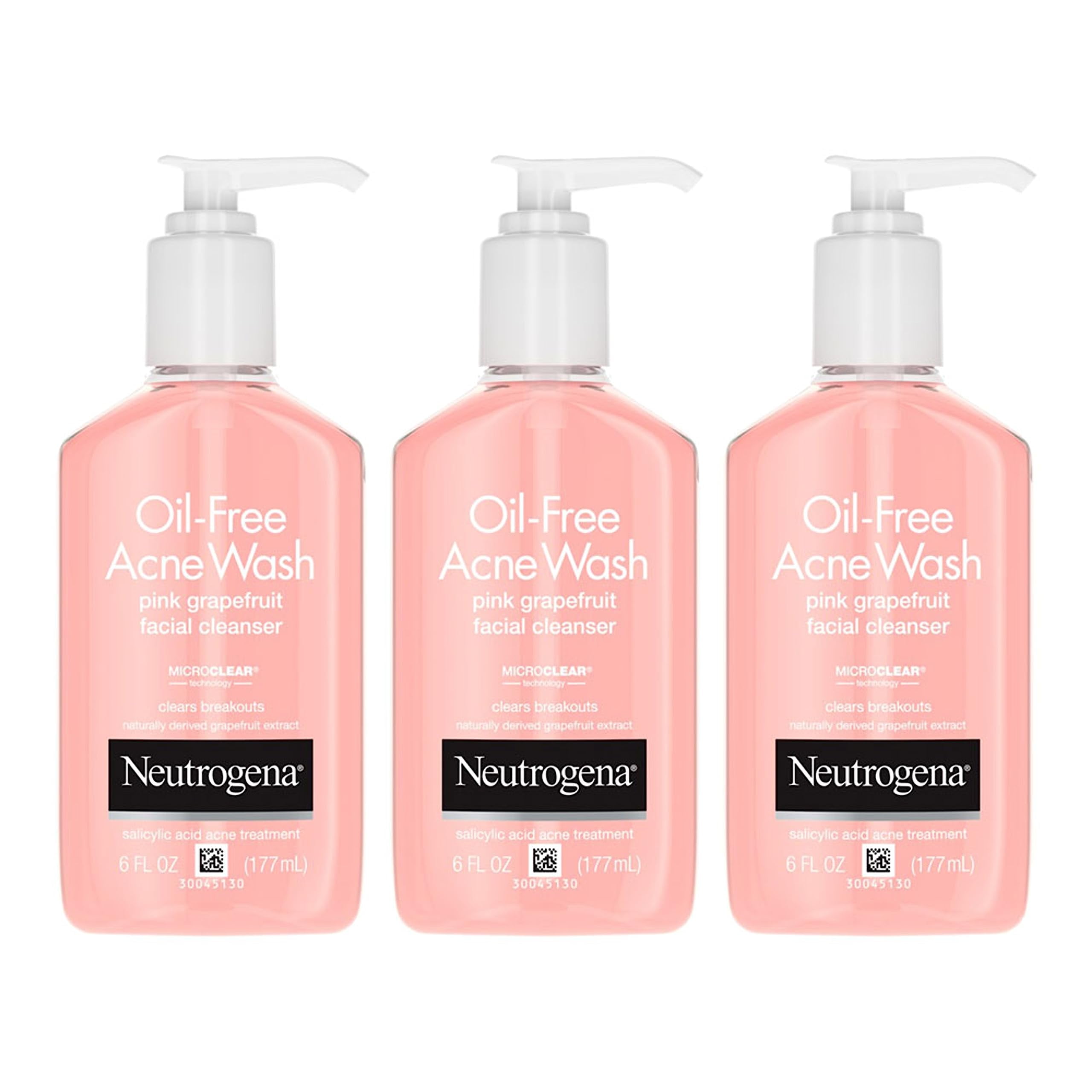 Neutrogena Oil-Free Pink Grapefruit Pore Cleansing Acne Wash and Daily Liquid Facial Cleanser with 2% Salicylic Acid Acne Medicine and Vitamin C, 6 fl. oz (Pack of 3)