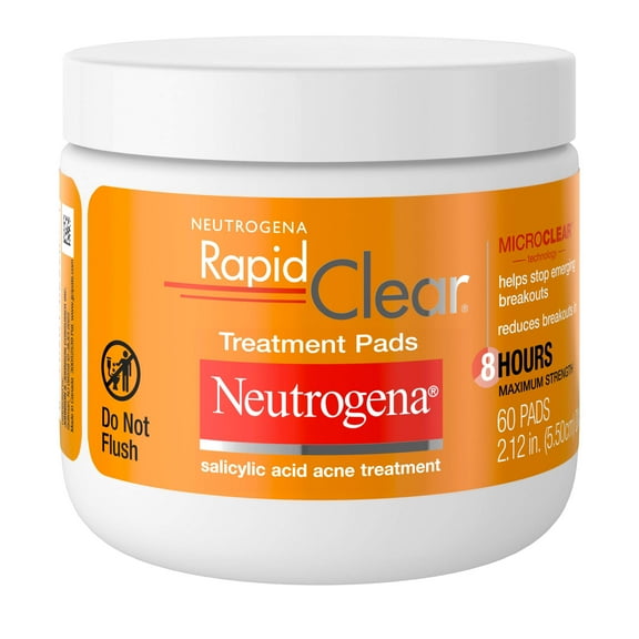 Neutrogena Rapid Clear Acne Treatment Pads, Salicylic Acid Face Cleansing Acne Wipes, 60 Count
