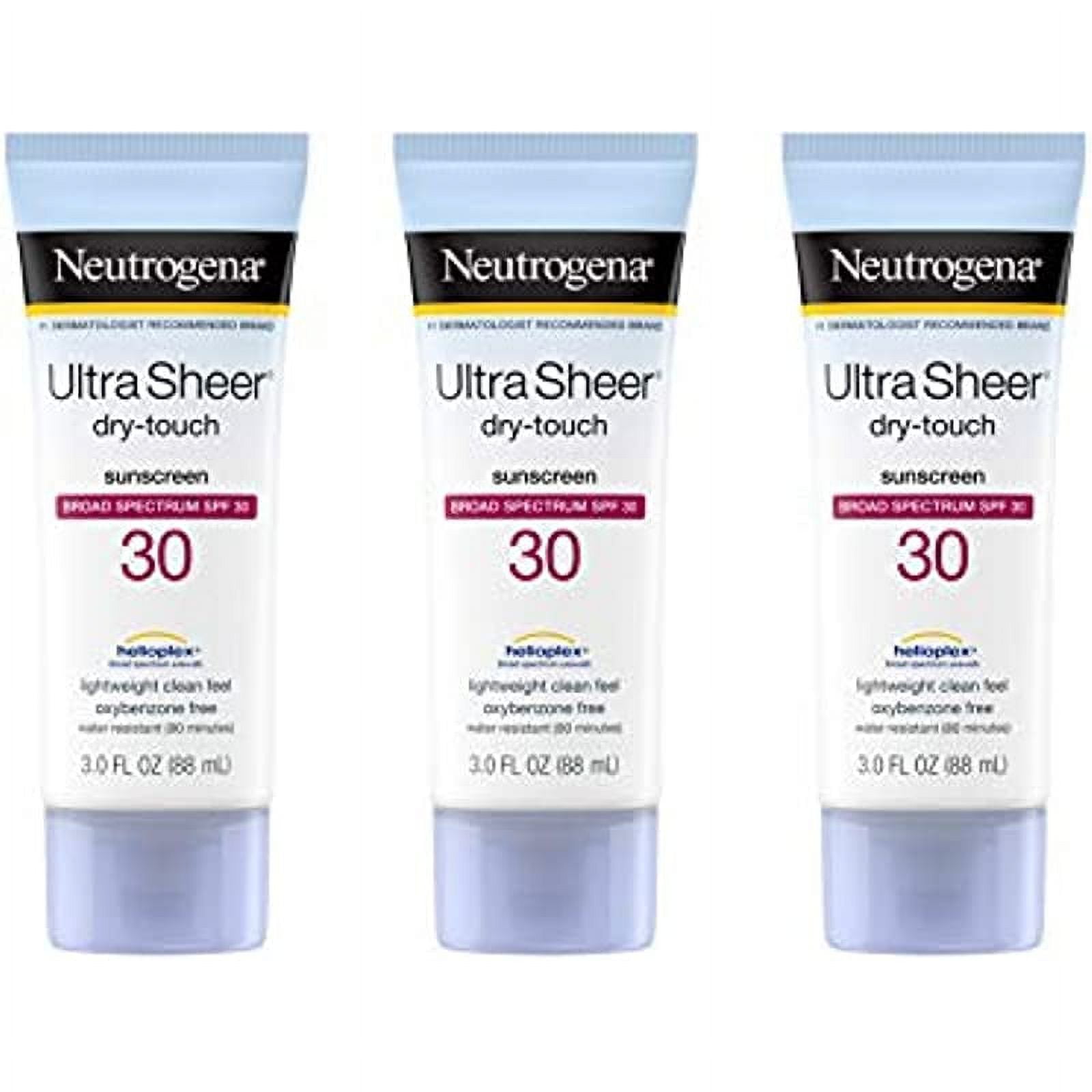Neutrogena Ultra Sheer Dry-Touch Sunscreen Lotion, Broad Spectrum SPF 30 UVA/UVB Protection, Oxybenzone-Free, Water Resistant, Non-Comedogenic, Non-Greasy, Travel Size, 3 Fl Oz, Pack of 3